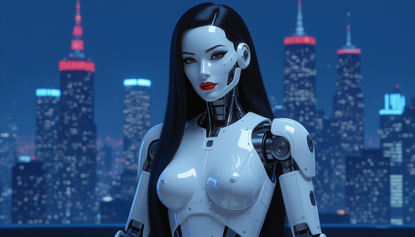 Glamour Gynoid in Cyberpunk Cityscape