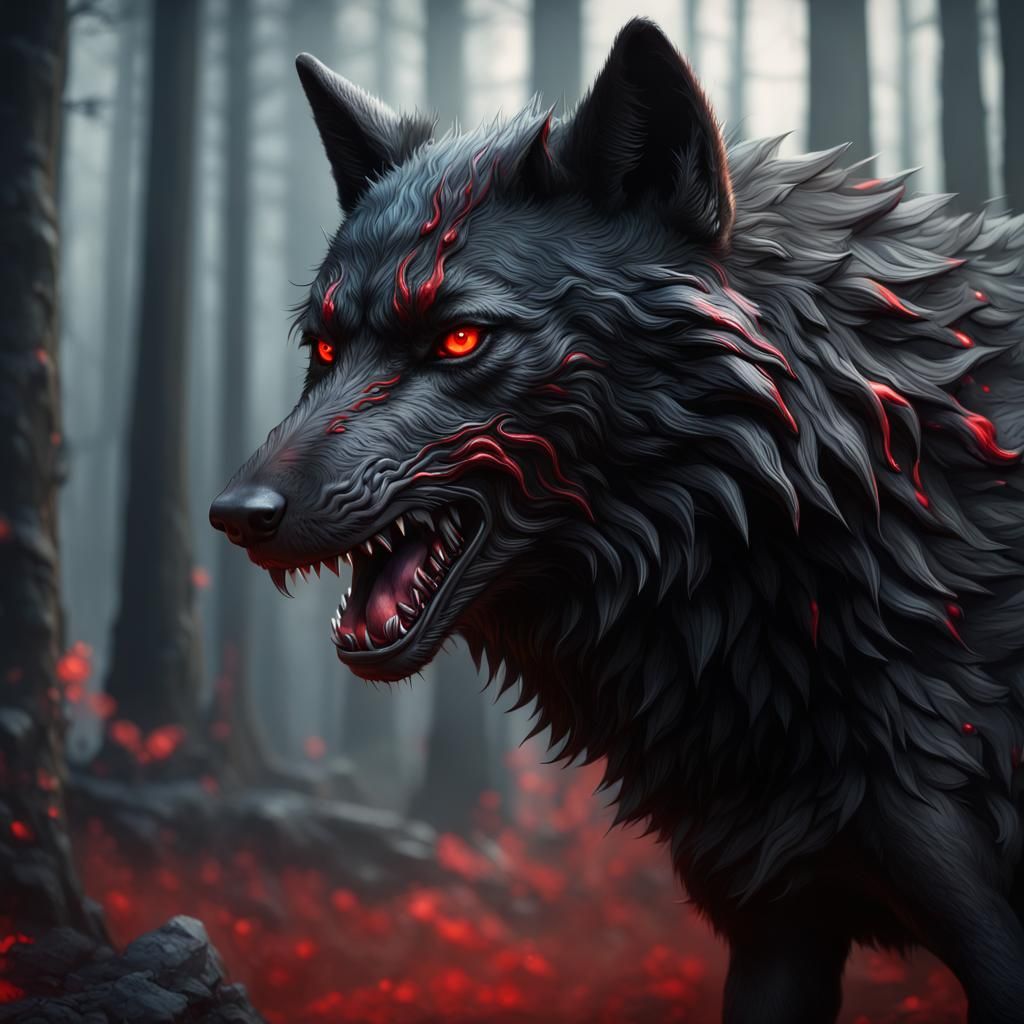 Detailed Black Wolf with Red Eyes