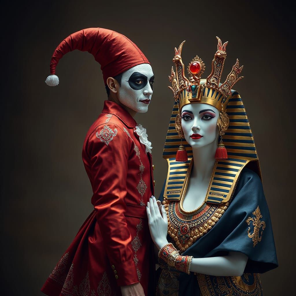 Harlequin, Geisha, Tutankhamun Full Body Photorealistic