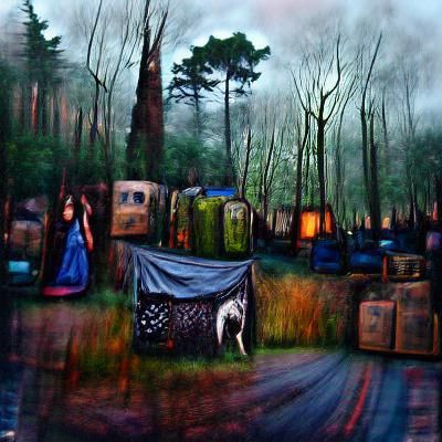 Gypsy Camp in Gloomy Forest at Dawn