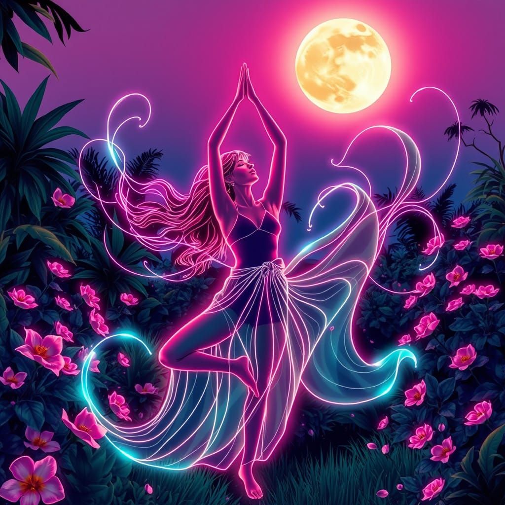 Woman in Neon Yoga Pose Under New Moon