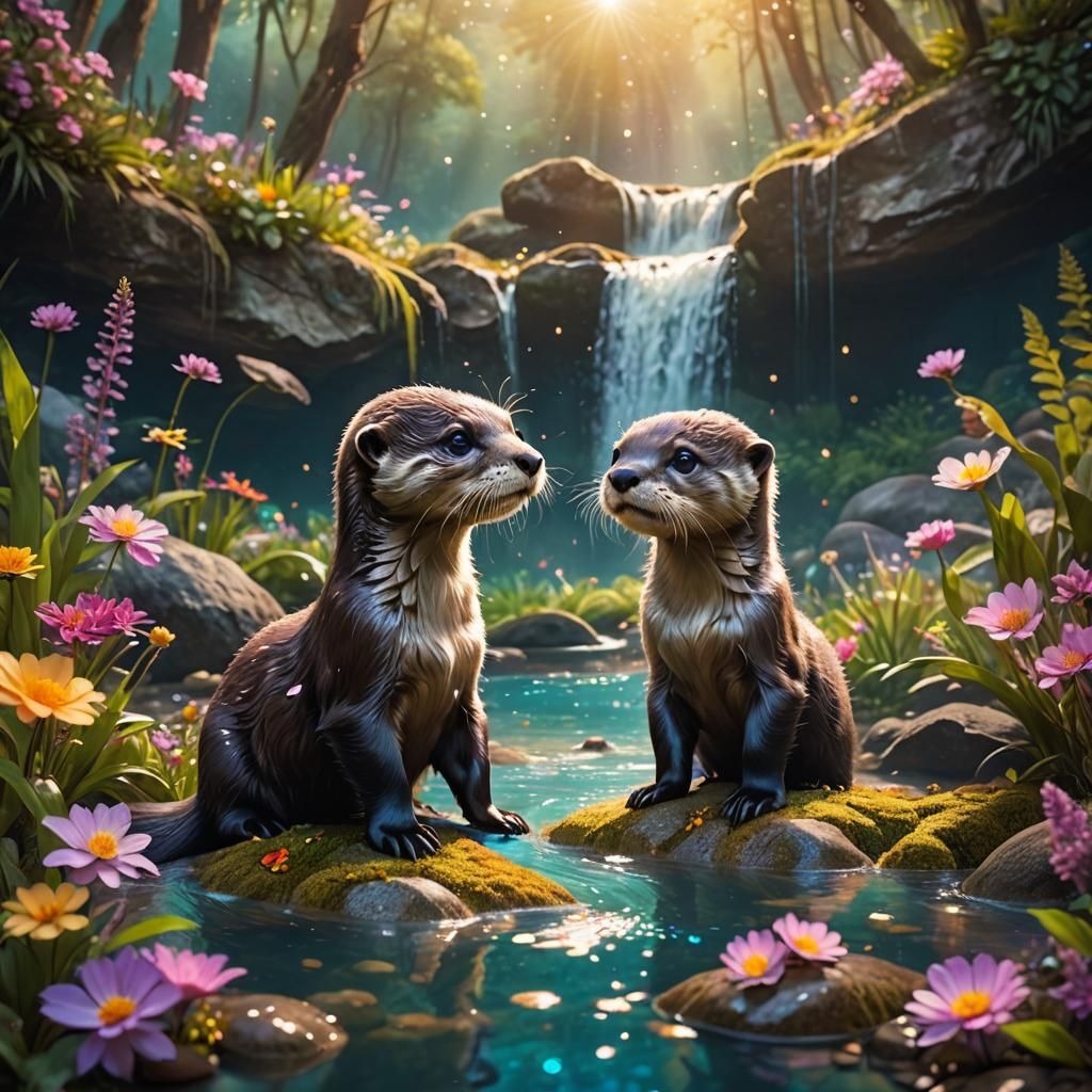 Baby Otters Playing in Enchanted River: Surreal Illustration