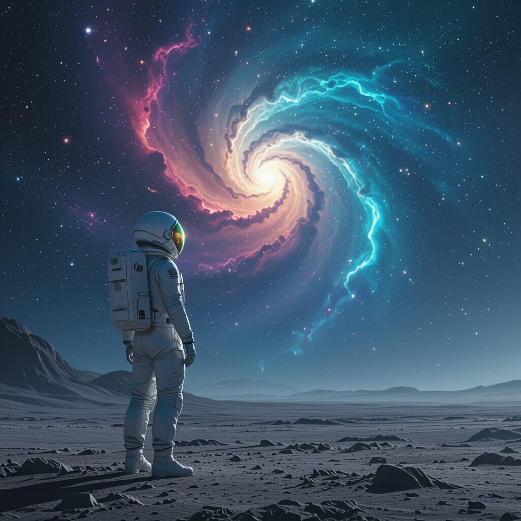 Astronaut Gazing at Nebula on Alien Planet