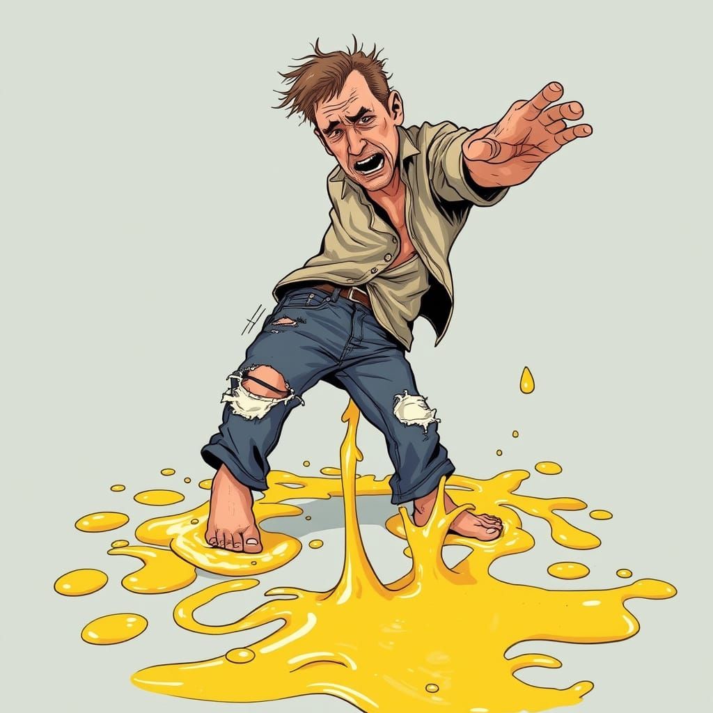 Man Trapped in Sticky Glue, Comical Desperation