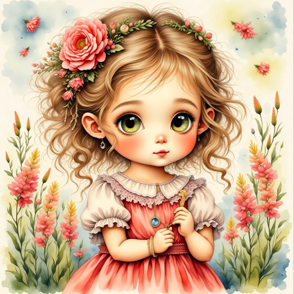 Vintage Watercolor of a Young Girl