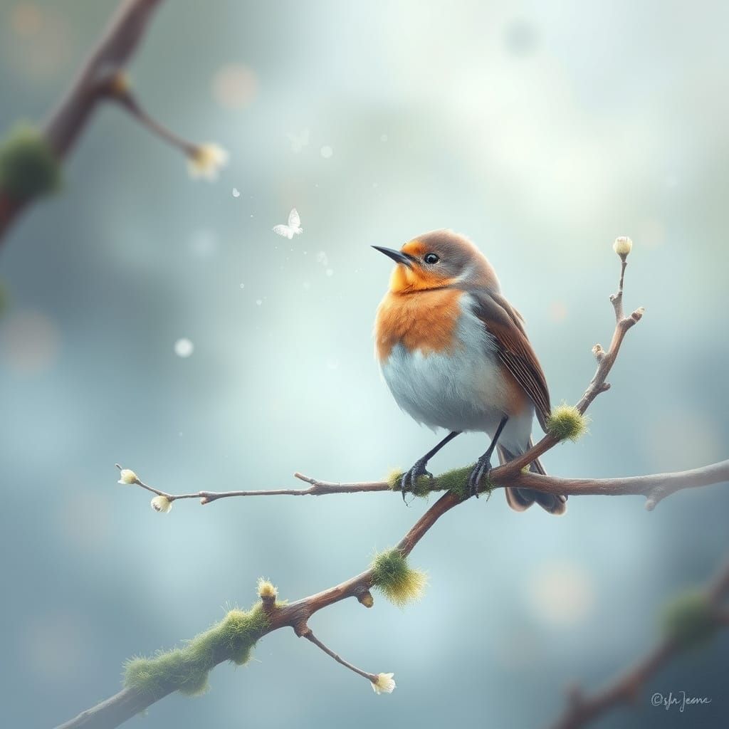 Bird Singing in Misty Forest with Watercolor Textures