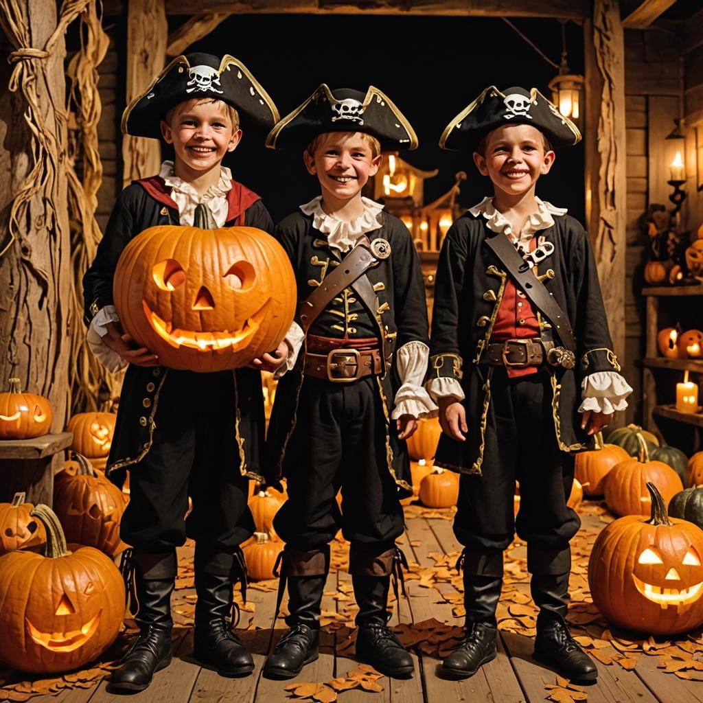 Pirate Boys Guard Grinning Pumpkin Lantern