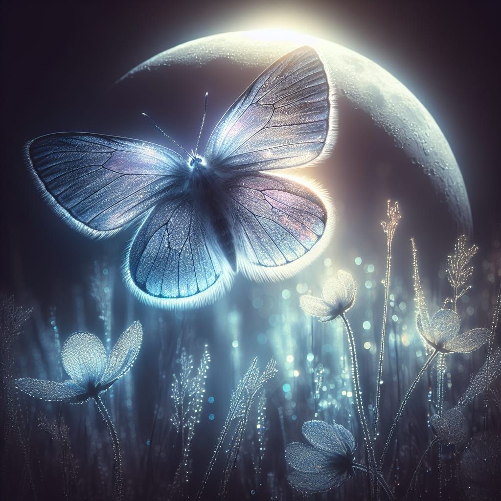 Iridescent Butterfly in Moonlight, Misty Night Scene