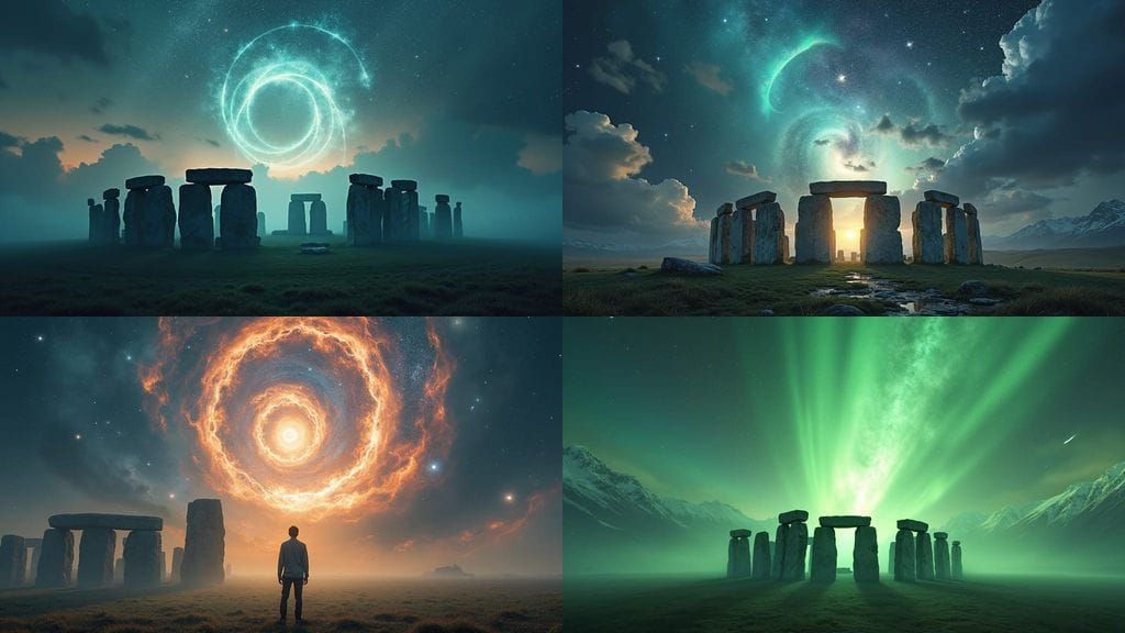 Ethereal Apocalyptic Landscape with Stonehenge and Celestial...