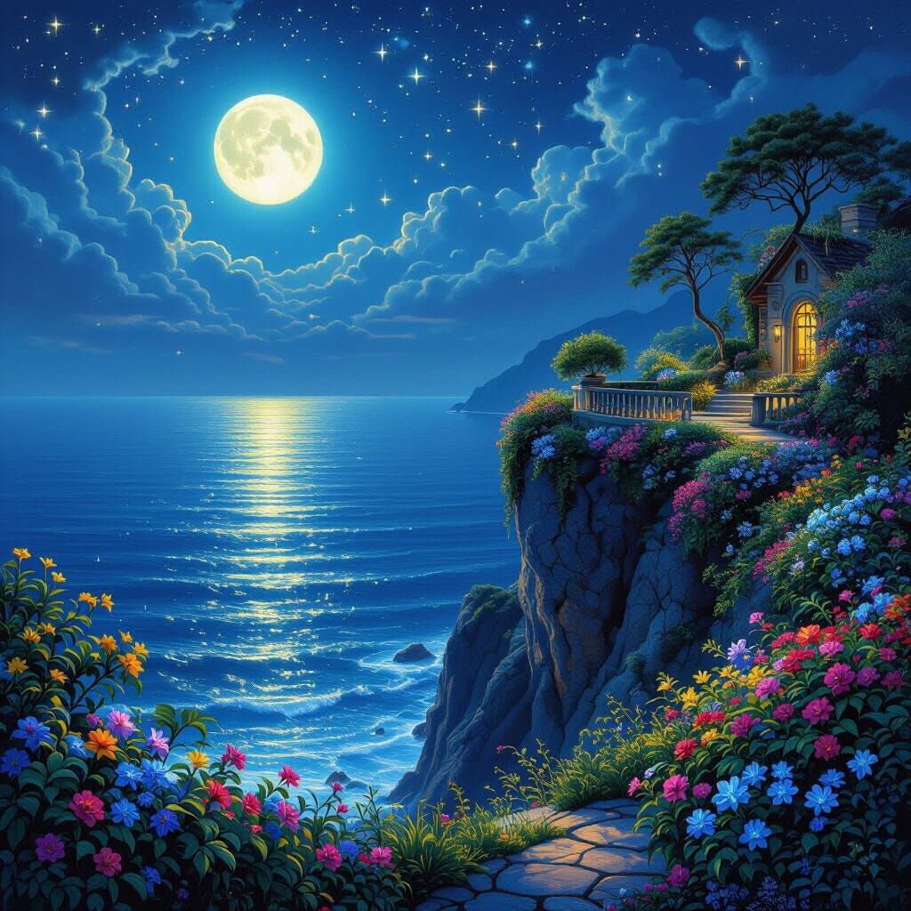 Starlit Cliff Garden Overlooking Celestial Ocean