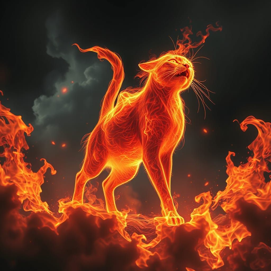 Fiery Cat in Motion: A Macabre Art Image