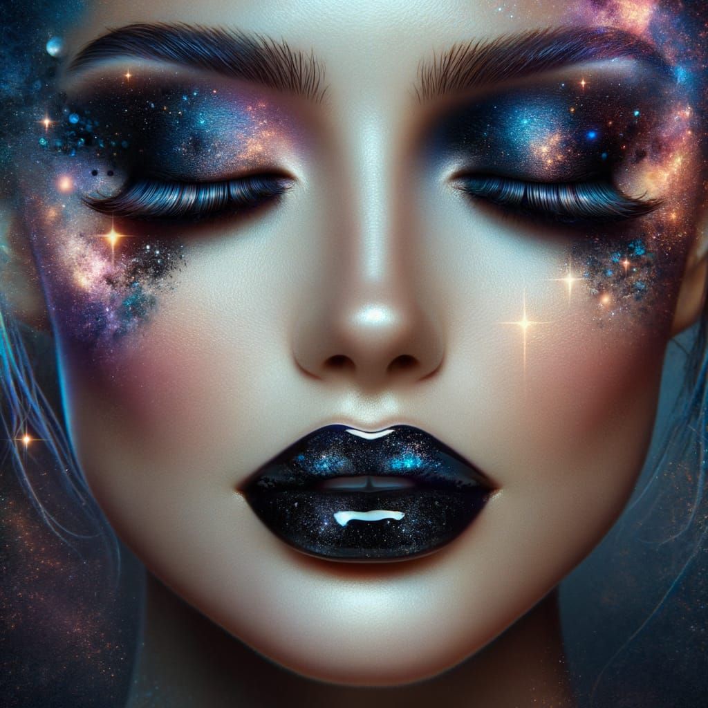 Close-Up Portrait of a Woman with Glittering Eyeshadow and G...