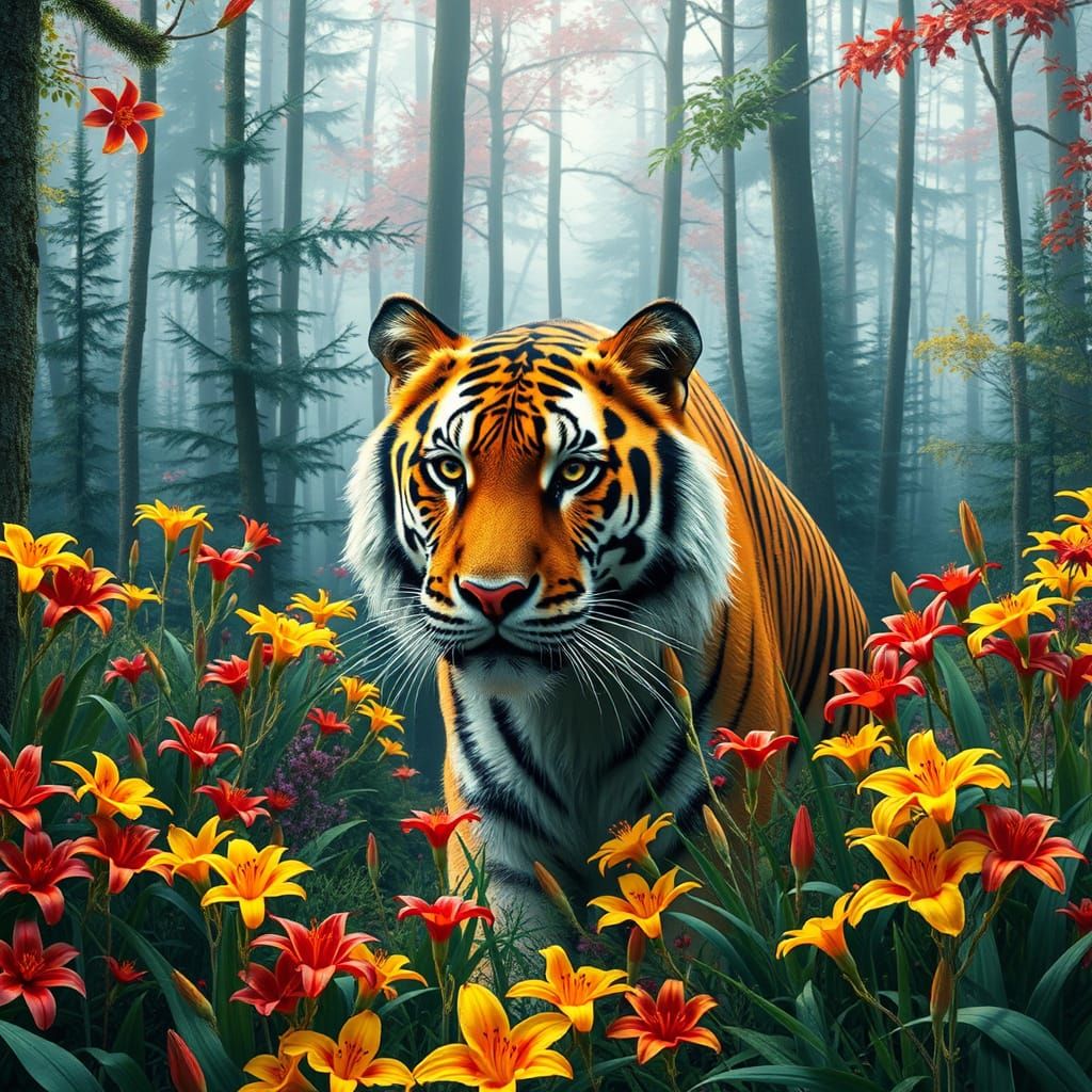 Vibrant Tiger in Norwegian Forest with Lillies