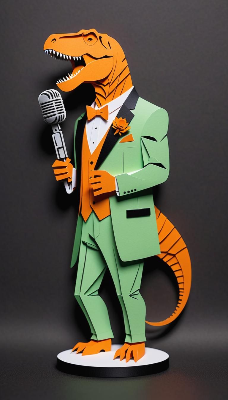 Orange Tuxedo Rex Kirigami at Microphone