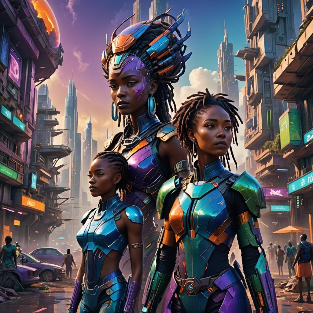 Utopian Cityscape with Women in Afrofuturism Style