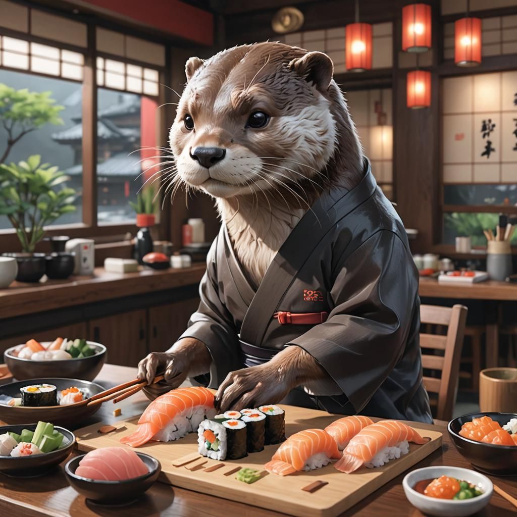 Otter Prepares Sushi: 3D Anime Art