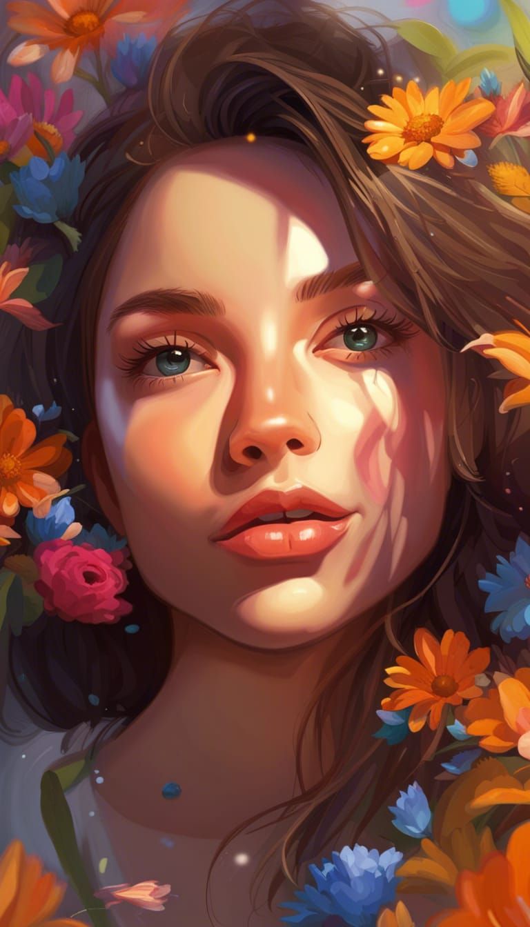 Hyperrealistic Portrait with Symmetrical Features and Floral...