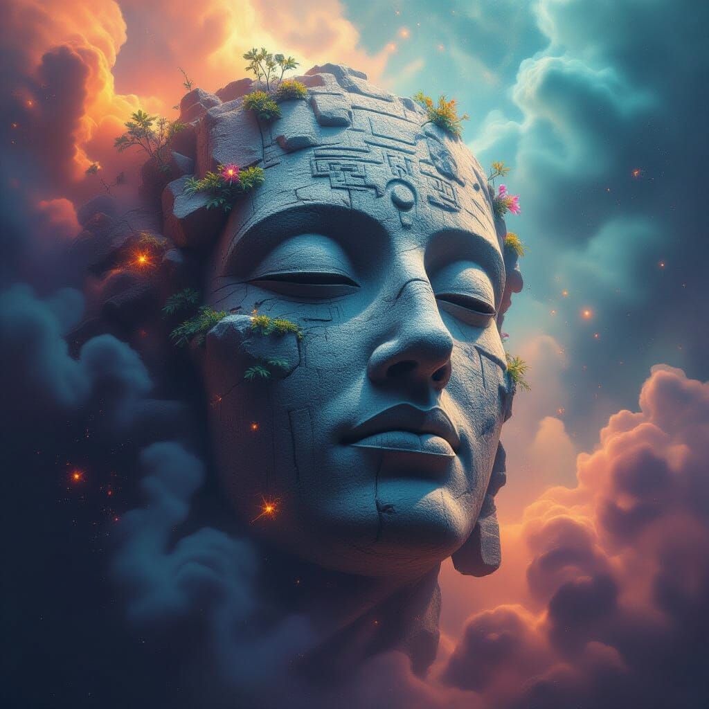 Ancient Stone Head in Cosmic Nebula with Alien Glyphs