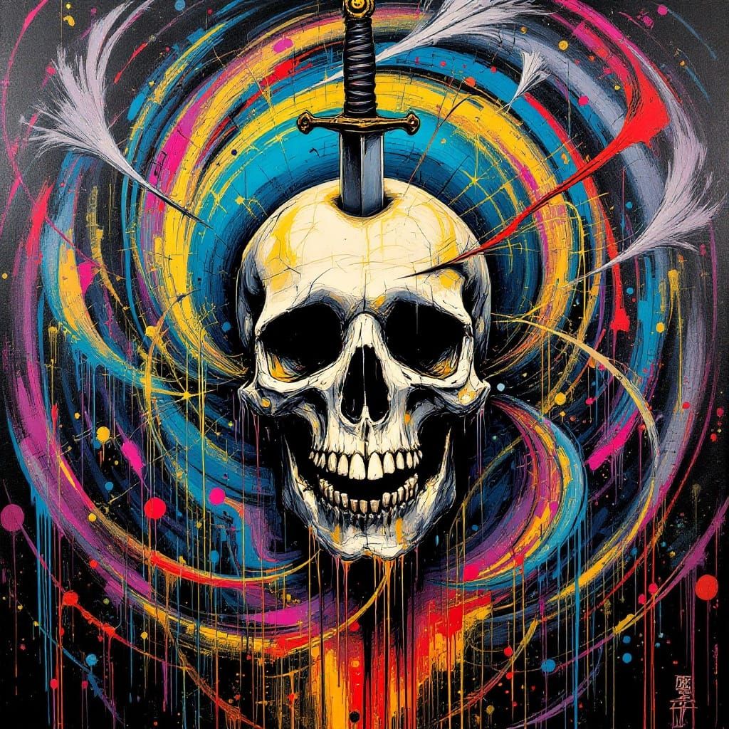 Skull with Dagger in Street Art Style