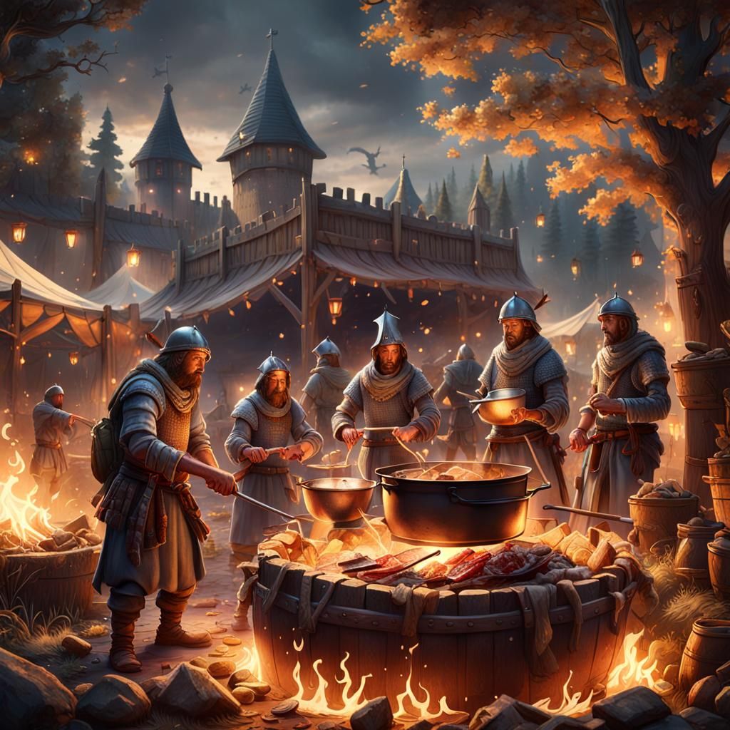 Medieval Camp: Soldiers Cooking Food at Evening
