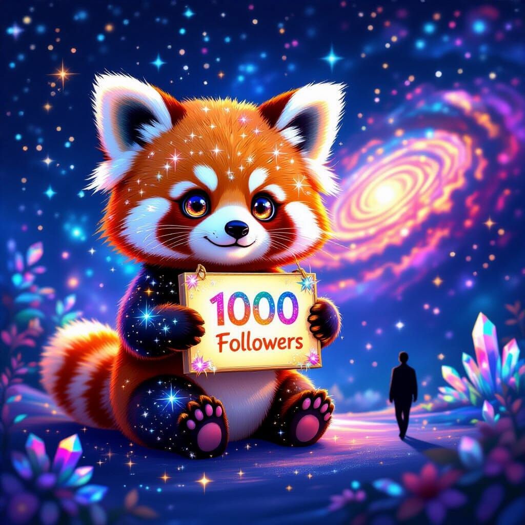 Chibi Red Panda with Star Constellations Holding '1000 FOLLO...