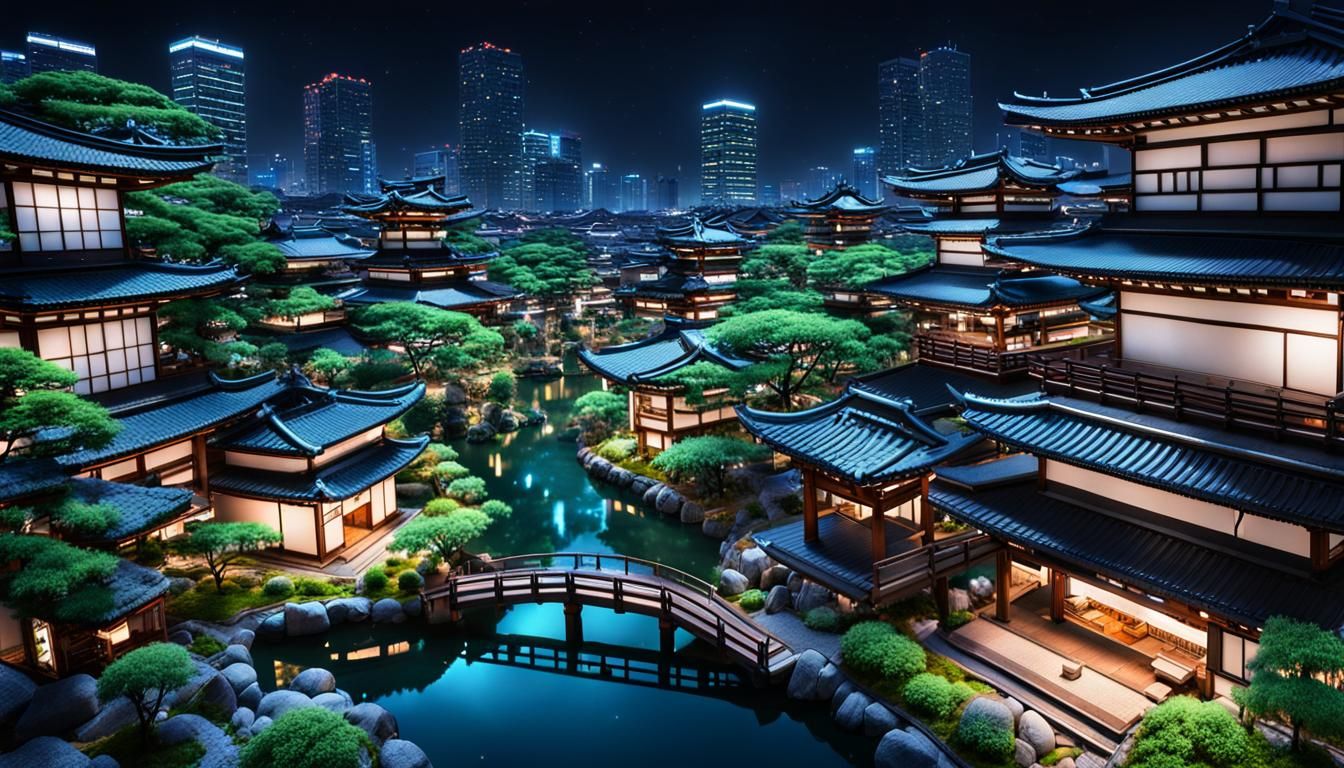 Futuristic Japanese Zen Oasis City at Night