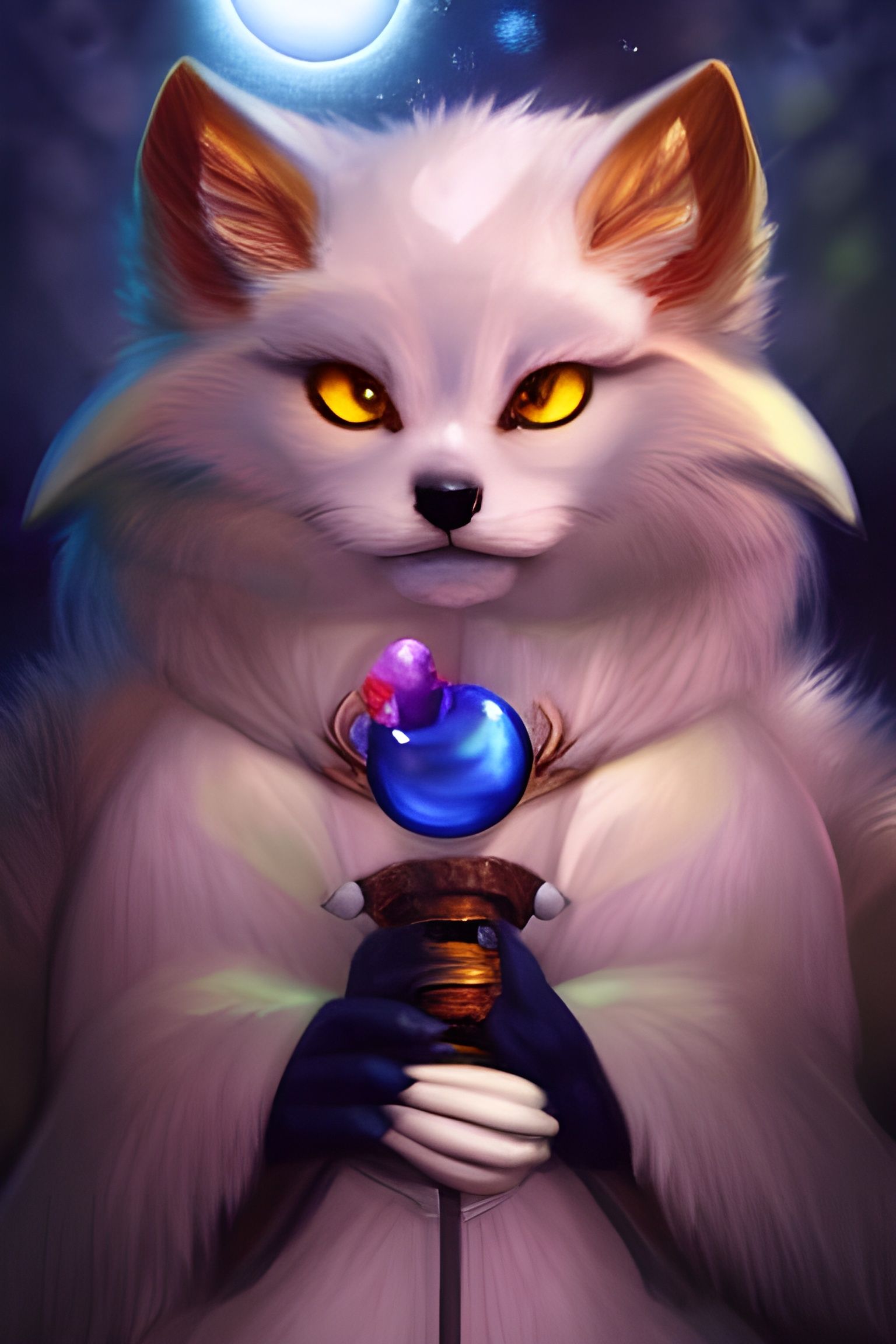 Wearing a coat of his own fur ....Detailed Portrait of a cute possessive evil kitsune with fluffy white fur and big glow...