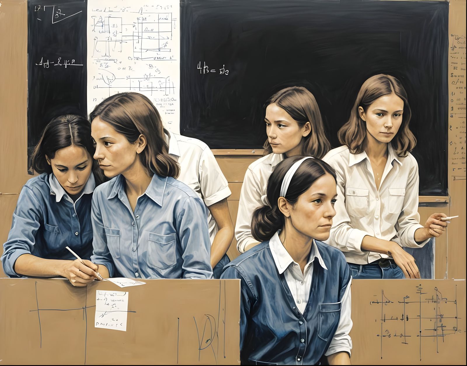 Neo-Expressionist Chalk Drawing of Women with Equations