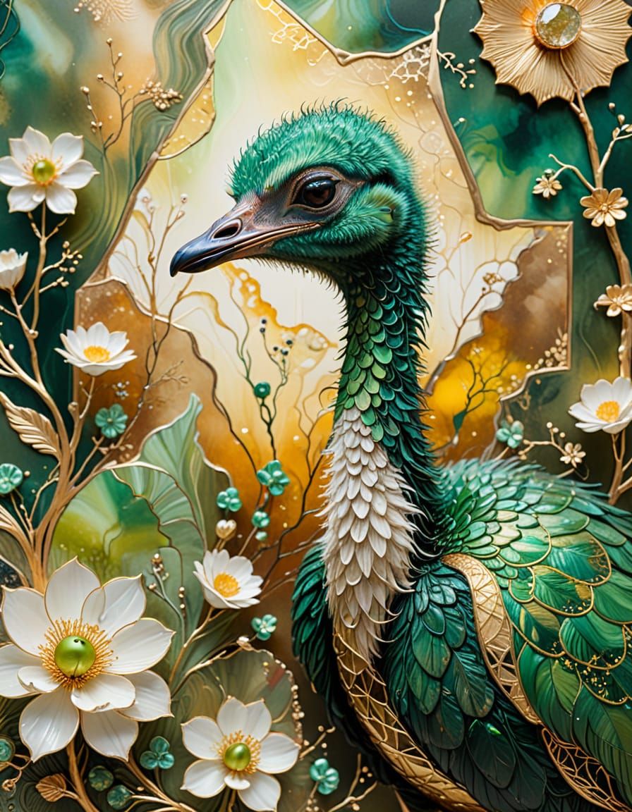 Ostrich and Duckling in Kintsugi Style