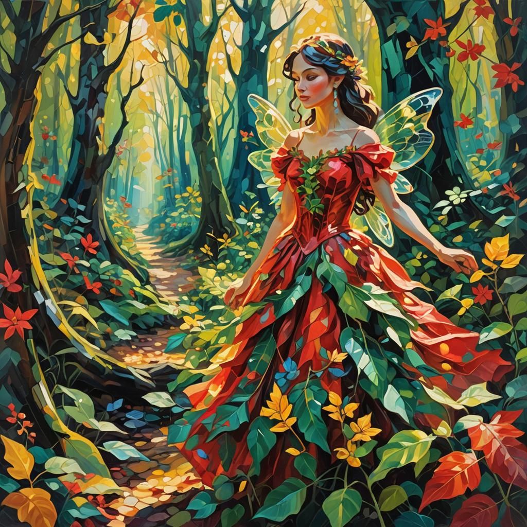 Fairy in Enchanted Forest: Fauvist Oil Painting