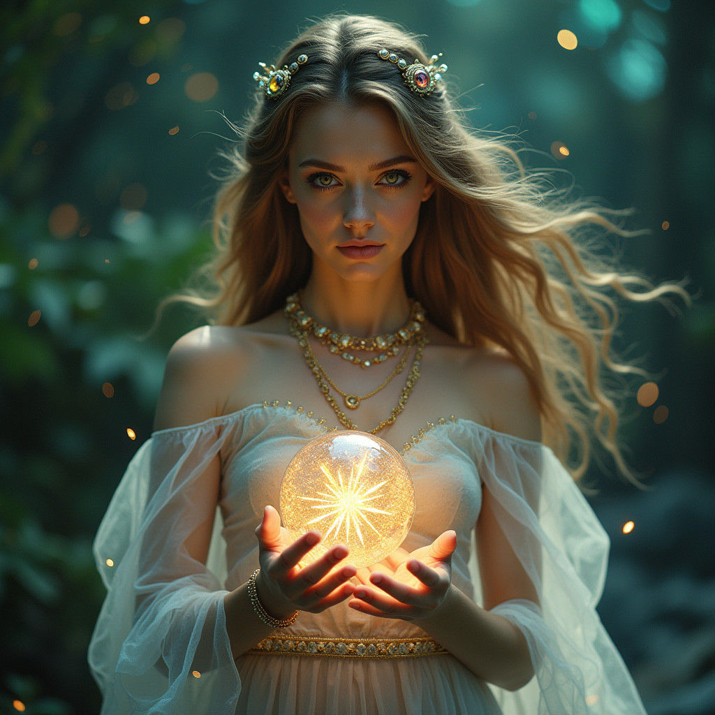 Ethereal Sorceress Weaving Magic in Cosmic Landscape