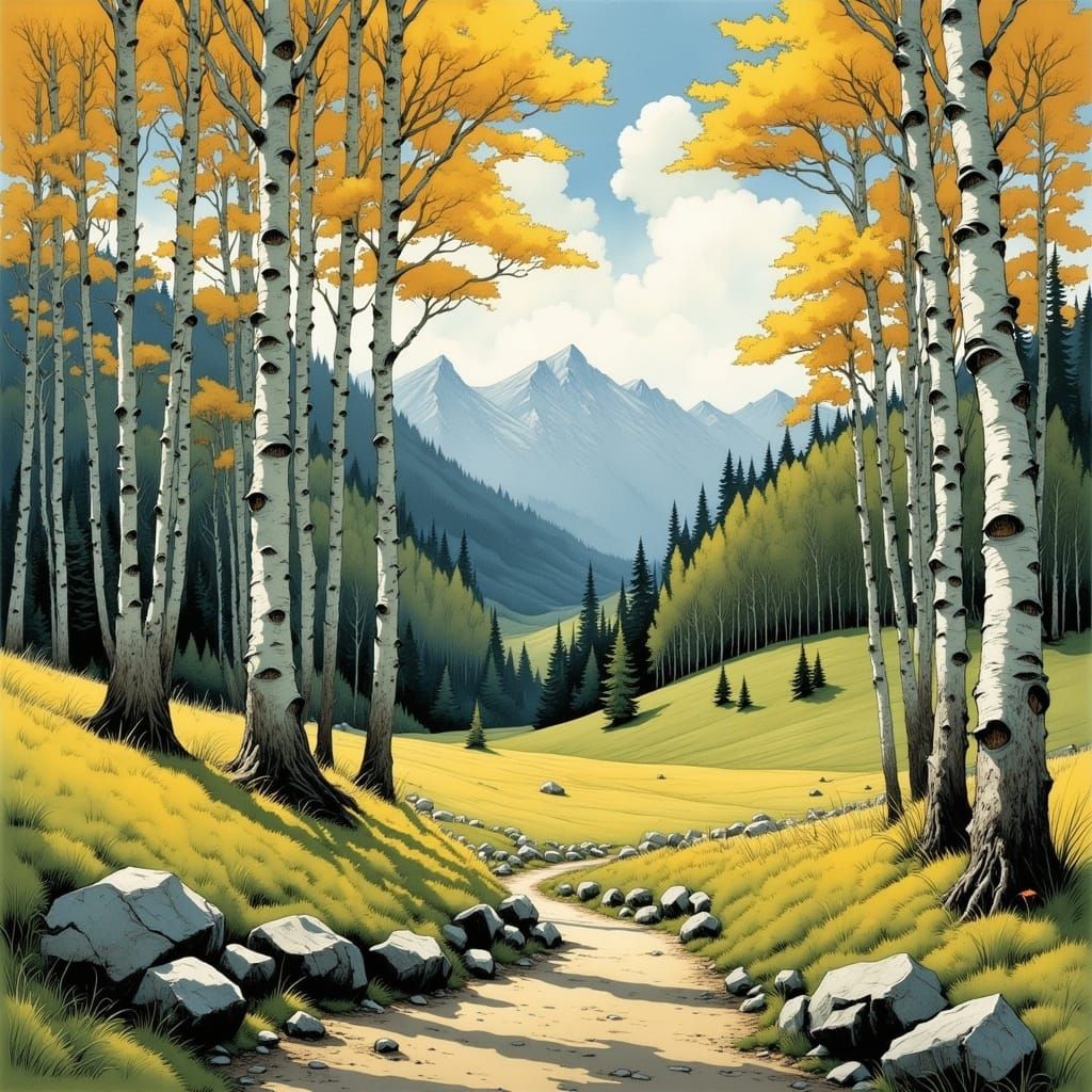 Summer Aspens in Mountain Landscape Watercolor Style