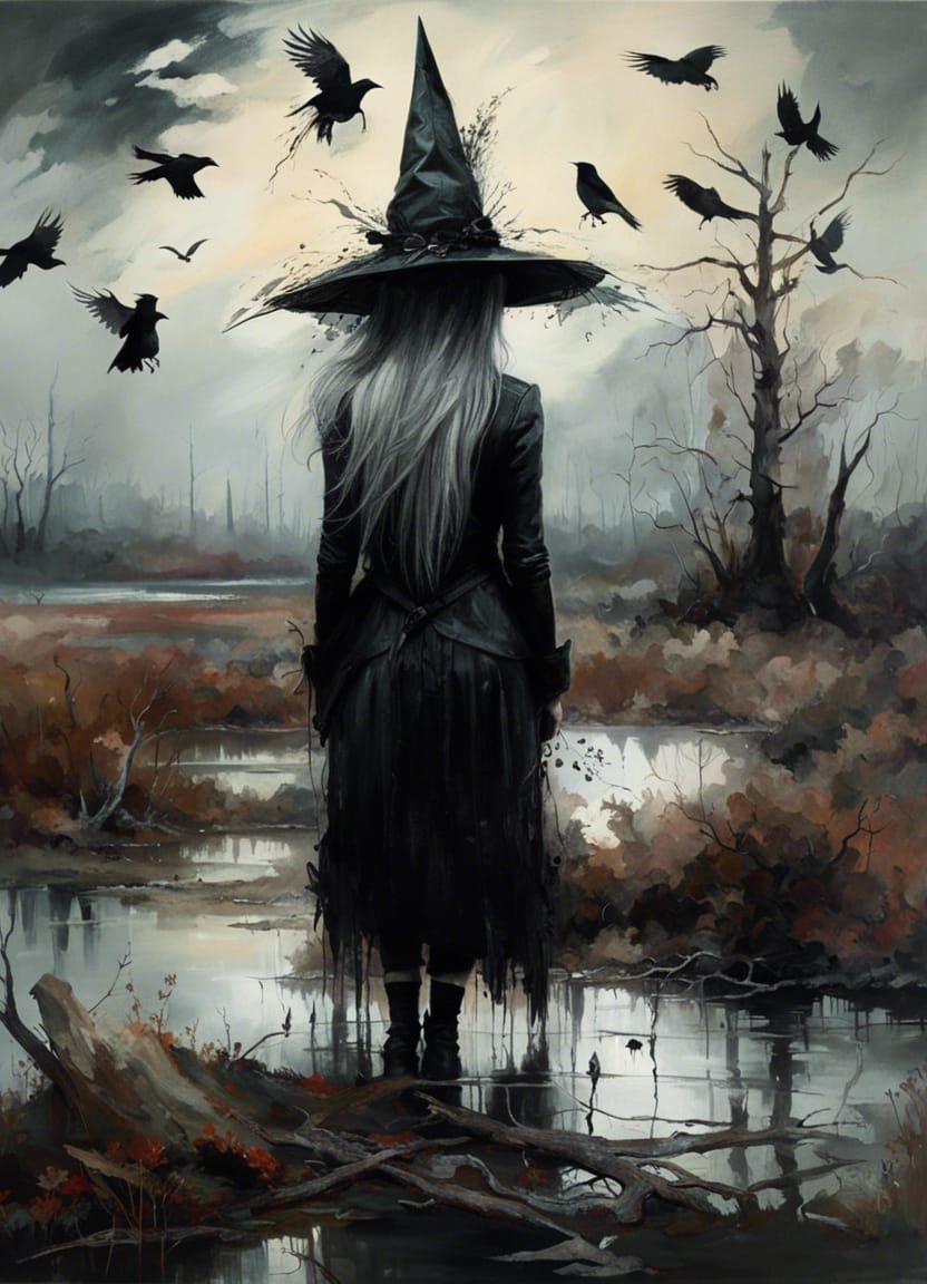 Swamp Witch Portrait with Crows, Matte Painting Style