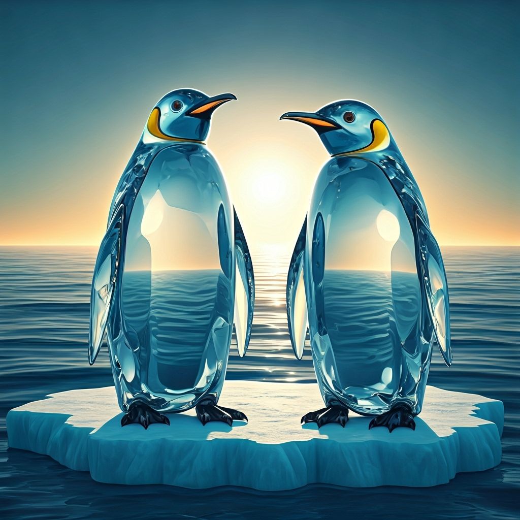 Crystal Penguins on Iceberg in Blue Sea