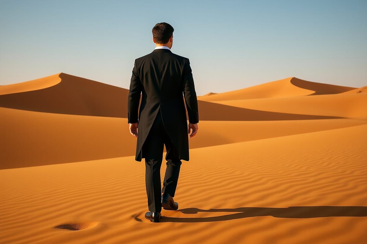 Man in Tuxedo Walks Across Desert Landscape