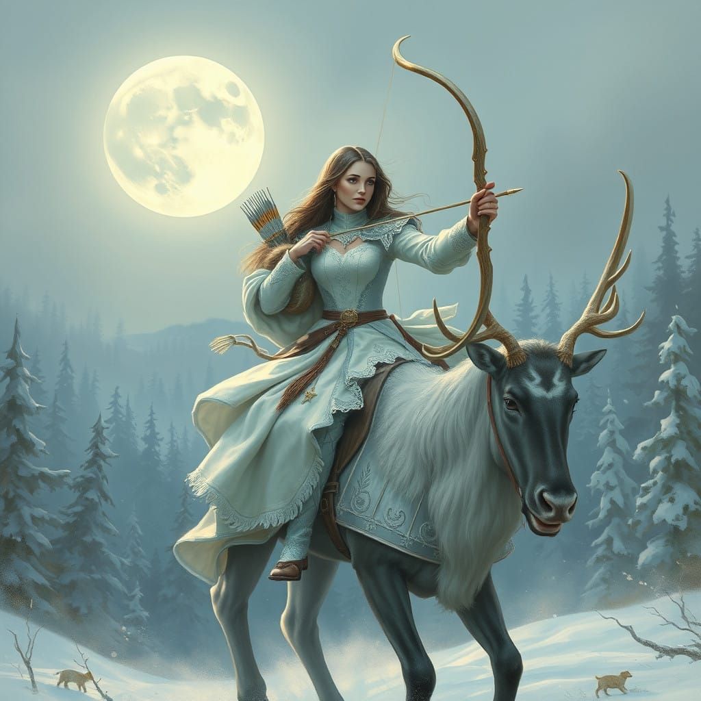 Medieval Archer Rides a Reindeer Under the Half Moon
