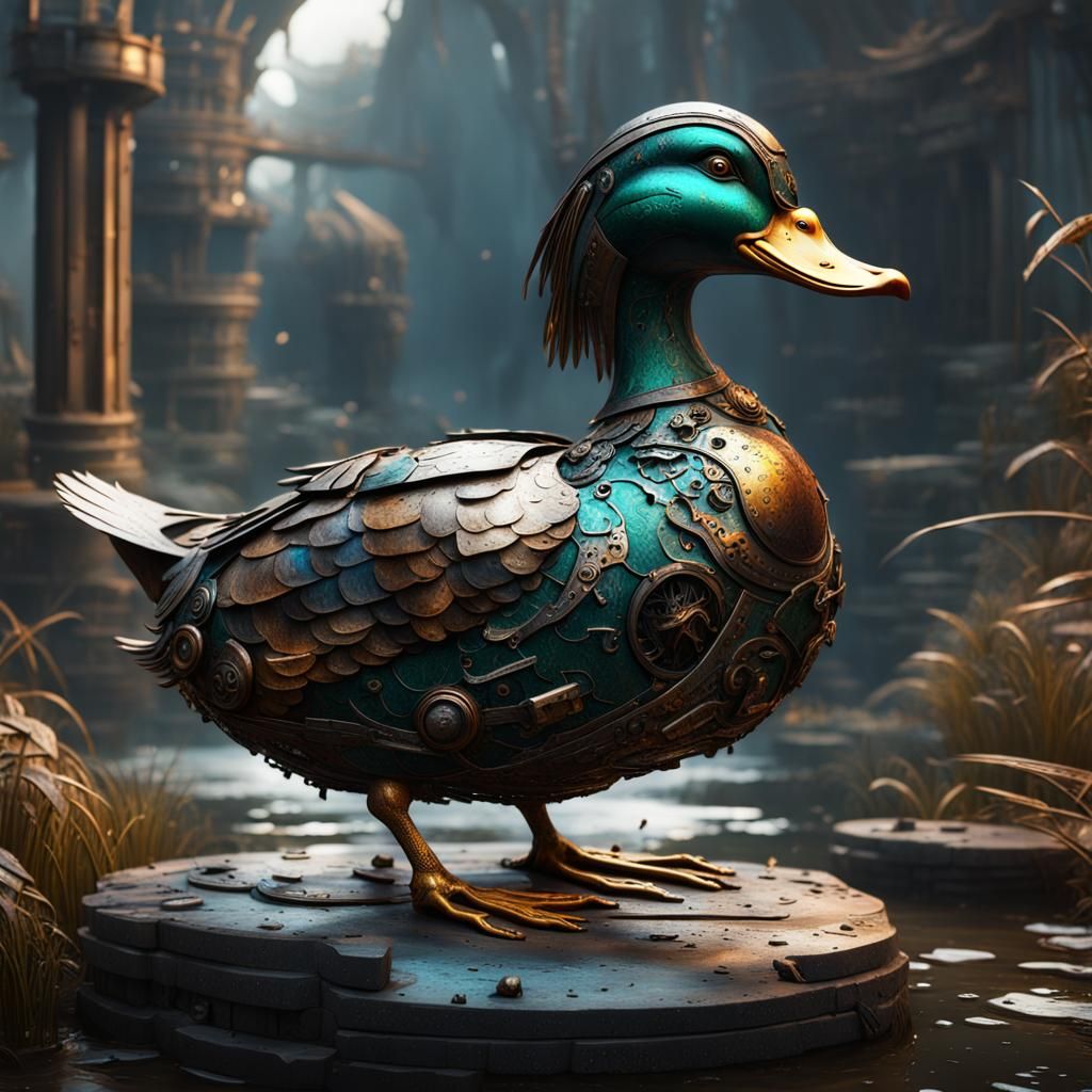 Scrap Metal Duck Sculpture: Detailed Matte Painting