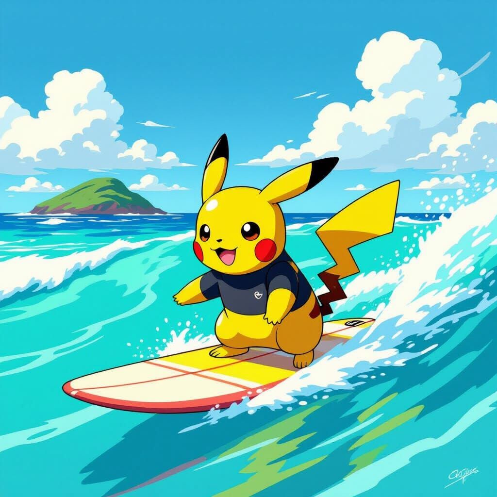 Pikachu Surfing Turquoise Waves in Vibrant Illustration