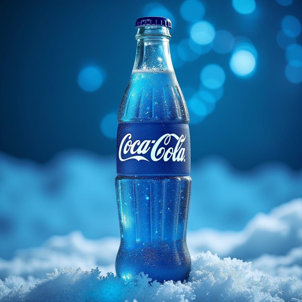 Icy Blue Coca-Cola Bottle with Bokeh Lights