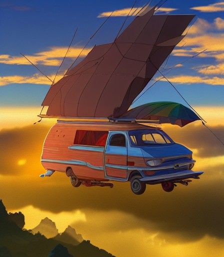 Flying Gypsy Caravan at Sunset: Studio Ghibli Style