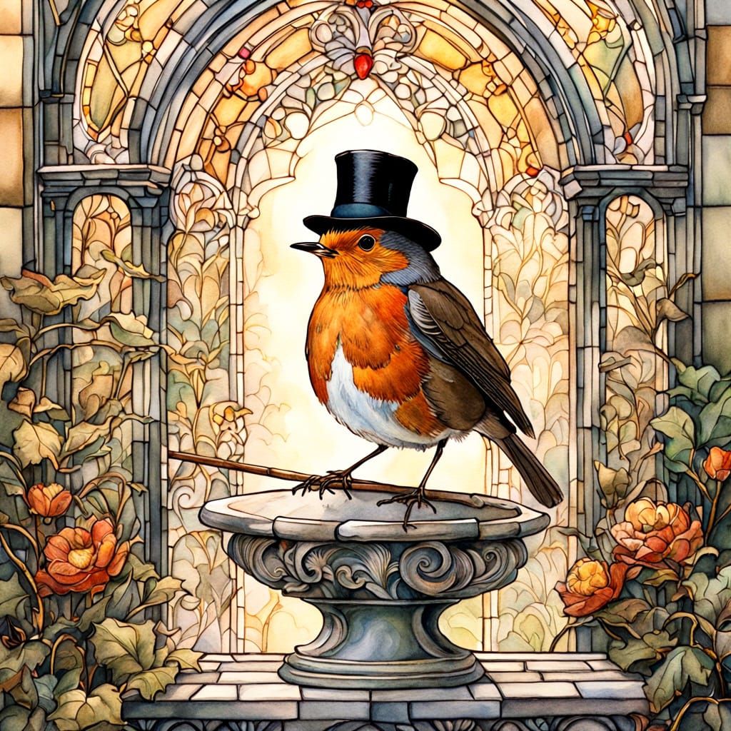 Whimsical Robin in Grand Entrance: Watercolor Illustration