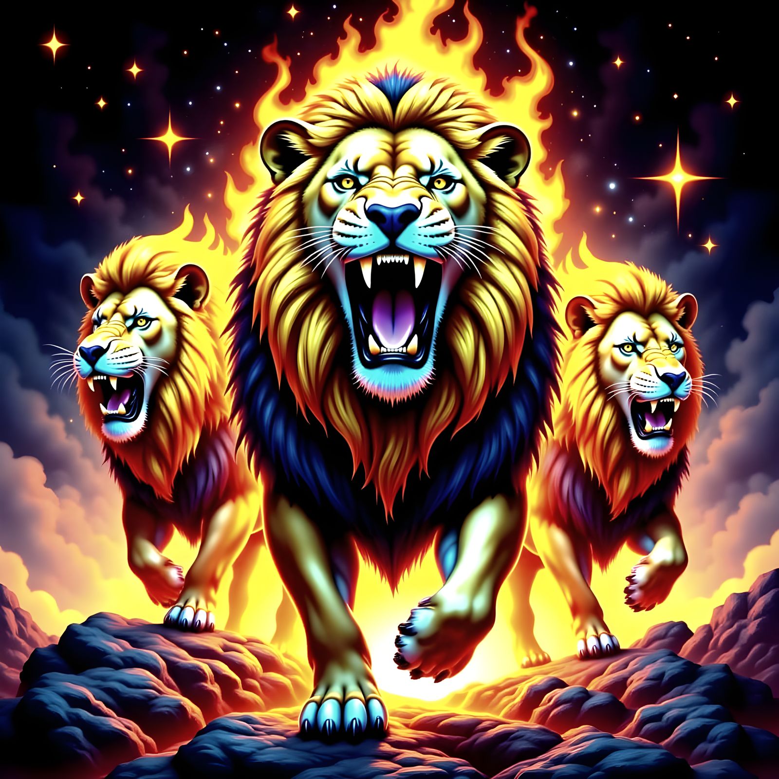Fierce Lion Roars Amidst Fiery Mane and Cosmic Stars