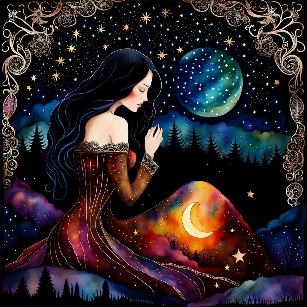 Grieving Woman Embraces Night Sky Figure in Watercolor