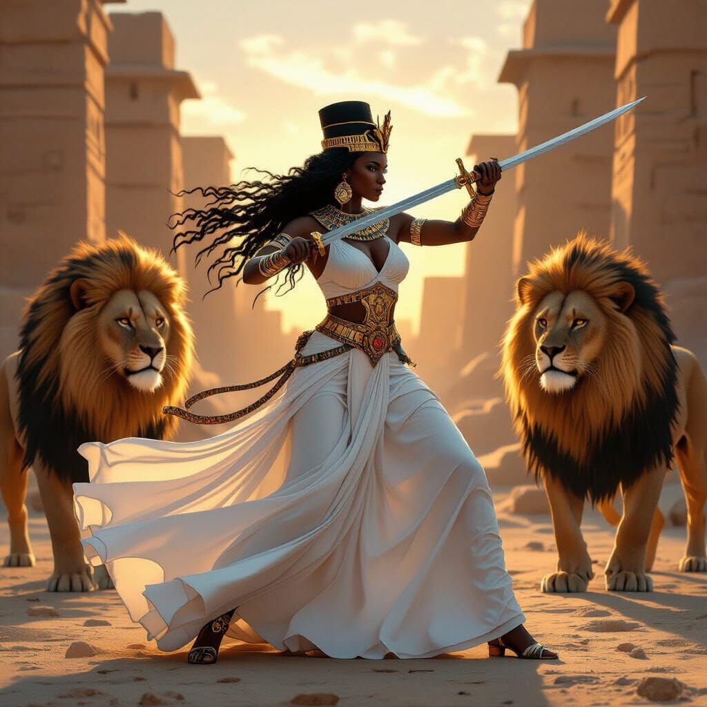 African Pharaoh Warrior Queen Fights With Lions