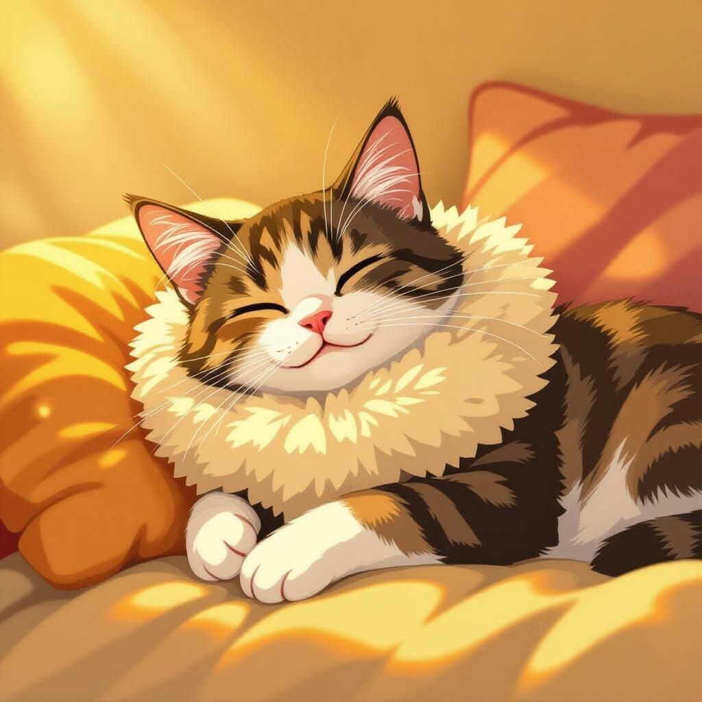 Adorable Cat Nap in Whimsical Miyazaki Style