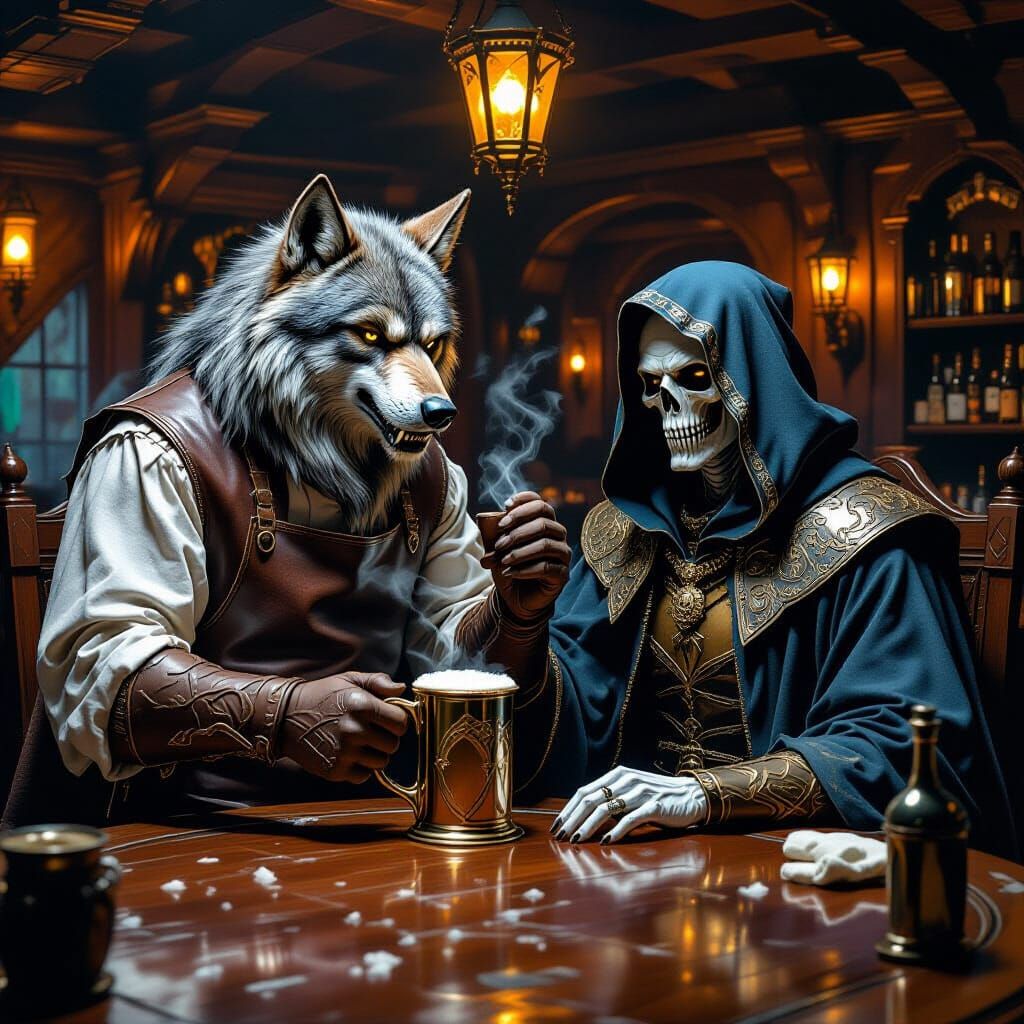 Werewolf Bartender Serves Lich in Dark Fantasy Tavern