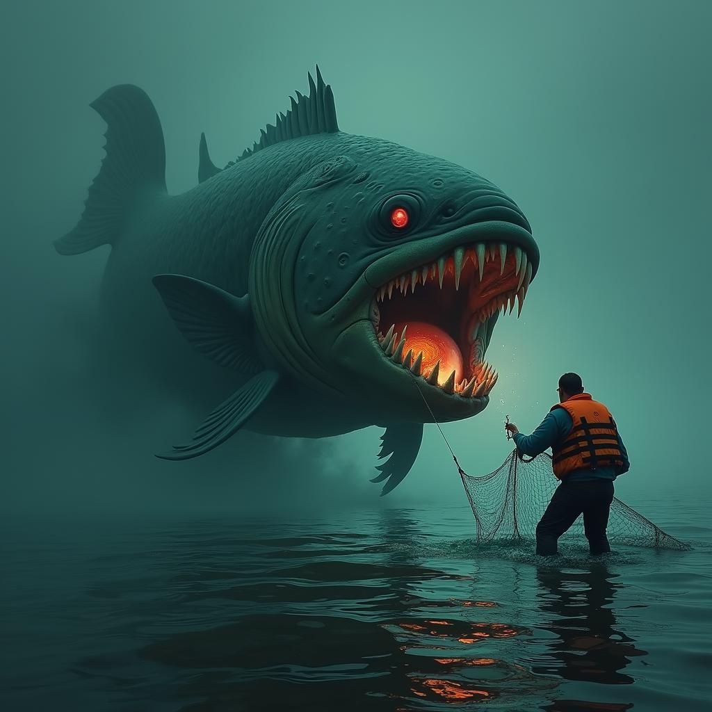 Ominous Bioluminescent Fish Consumes Fisherman, in Dark Surr...