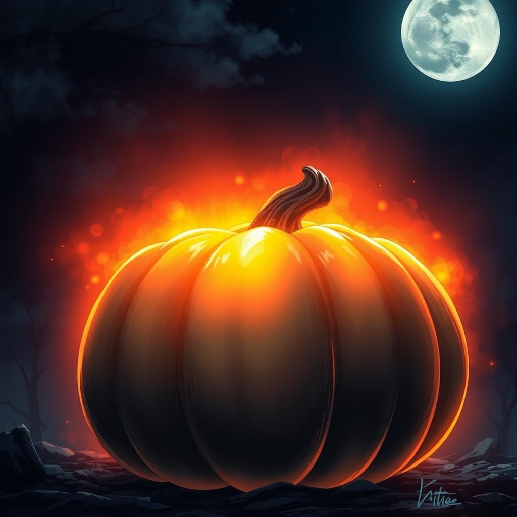 Luminescent Black Pumpkin in Manga Anime Style