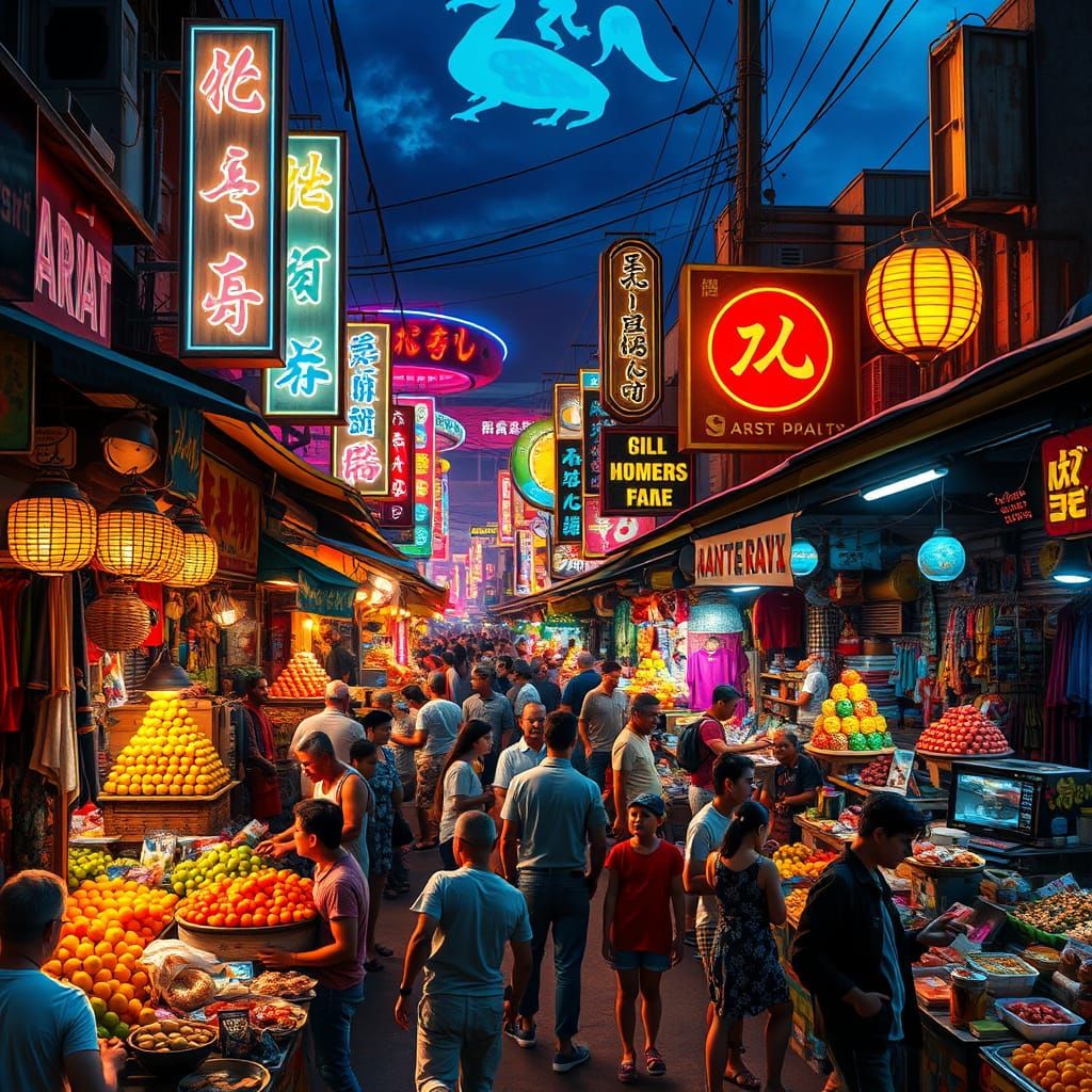 Neon Dreamscape Market Scene in Vibrant Hyperrealism