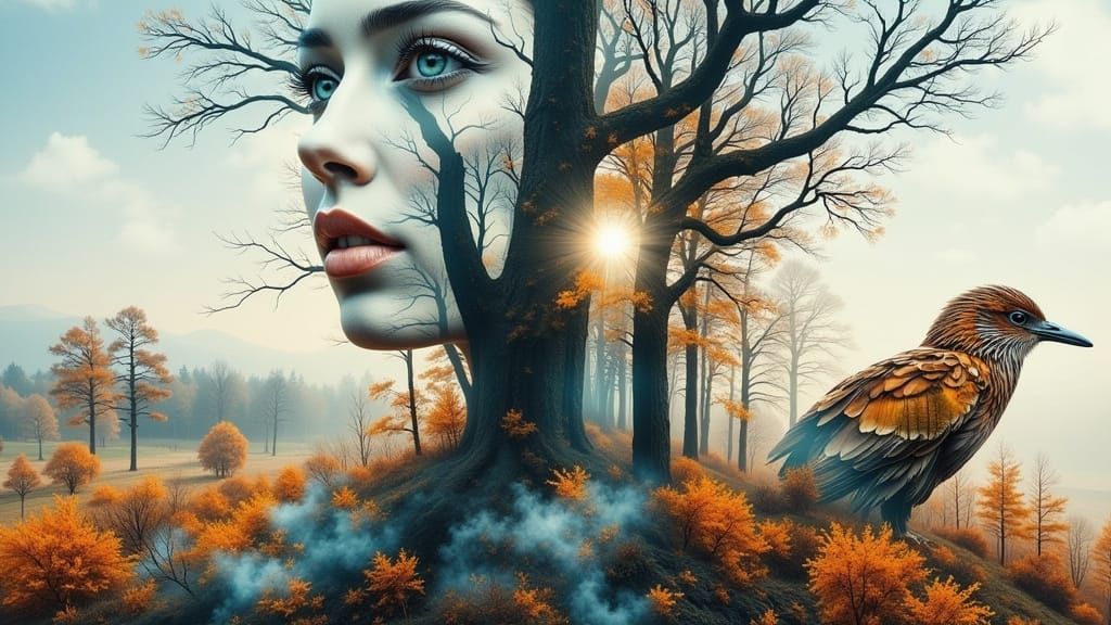 Double Exposure Spirit of Nature: Woman, Animals, Airbrush A...